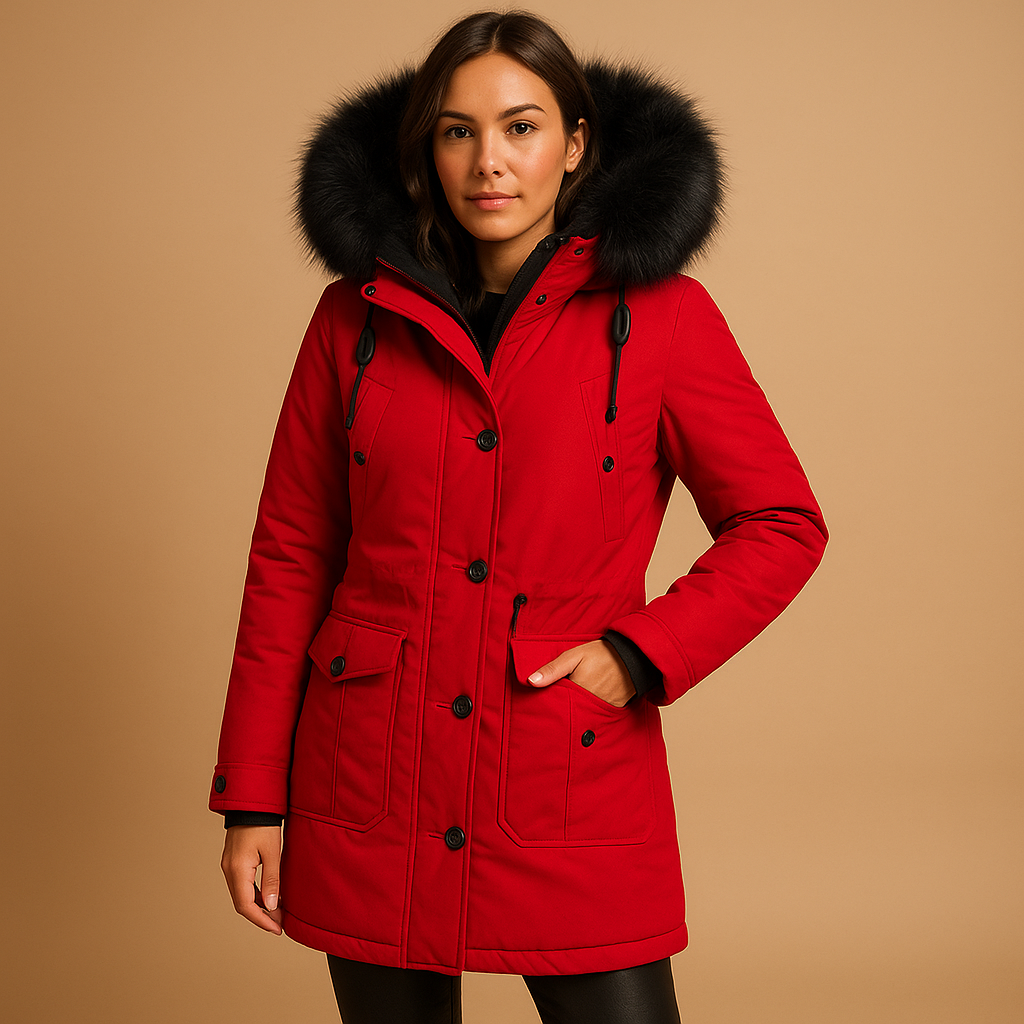 Veloura™ | Long Women’s Winter Coat with Faux Fur Collar